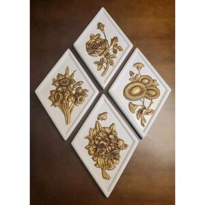 Vintage Ceramic Floral Wall Hanging Diamond Shape White and Gold MCM